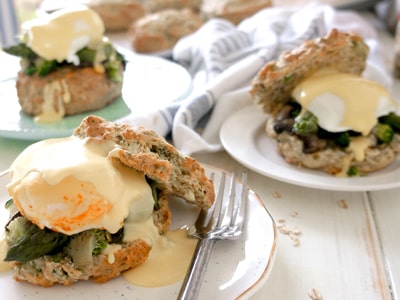 Broccoli & Cheddar Oat Biscuit Eggs Benedict