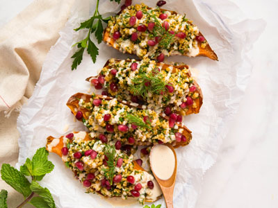 Loaded Mediterranean Baked Sweet Potatoes