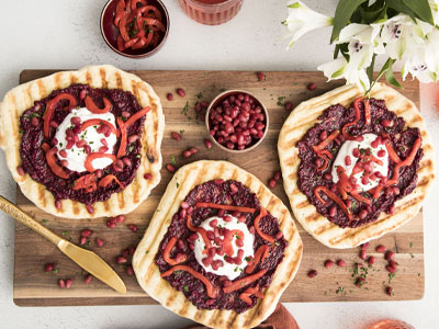 Miniature Grilled Flatbreads with Beet Pesto