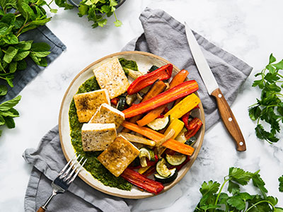 Grilled Tofu with Roasted Vegetables and Chermoula
