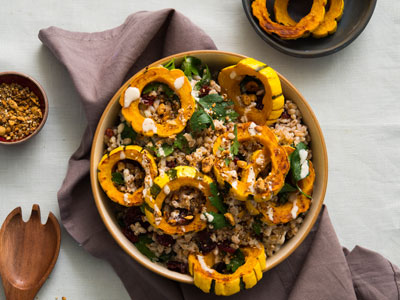 Roasted Delicata and Farro Salad with Hazelnut Dukkah