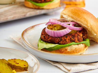Spicy North African Veggie Burger with Turmeric Pickles